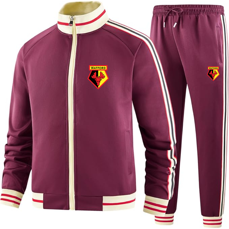 Men's Watford Soccer  Tracksuit with Bold Striped Accents and Zippered Front